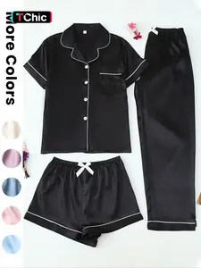 Women's Satin Sleepwear Set, 3-Piece Pajama with Button Front Top & Bow Shorts, Casual Home Wear for Women