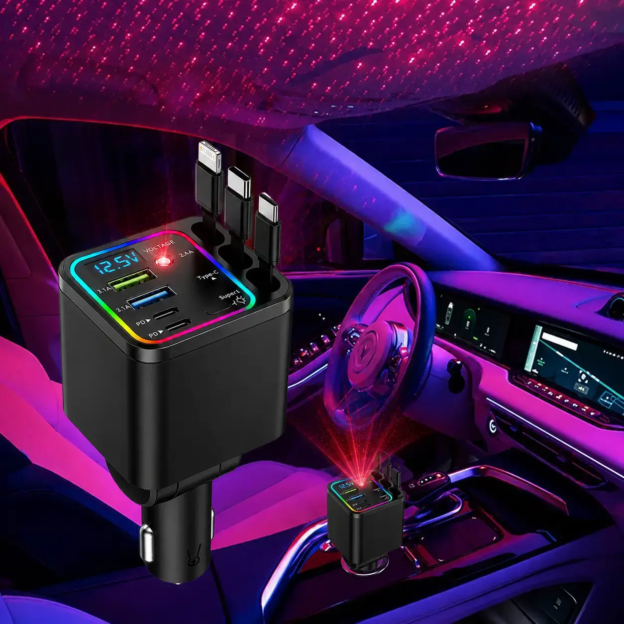 7 in 1 Retractable Car Charger,102W Fast Charging Cigarette Lighter Car Charger | Car Charger USB C,Car Accessories,Voltage Smart Display,3 Retractable Type-C Cables for iPhone 17 Pro/16/15,Galaxy S26,Pixel
