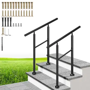 VIVOHOME 2-Pack 2/3/4/5 Step Hand Rails for Outdoor Steps, Galvanized Steel Railing, Black Round Exterior Handrails for Porch, Deck, or Indoor Stairs, Complete Installation Kit