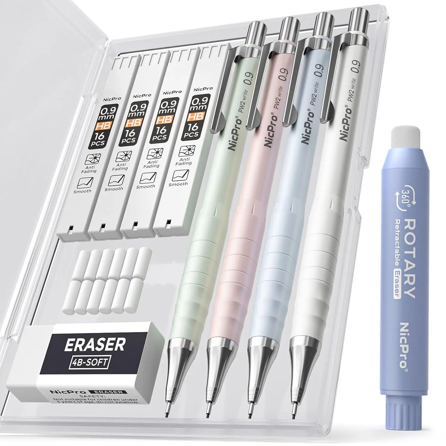 Nicpro Cute Mechanical Pencil Set, 4PCS 0.5mm Pastel Drafting Pencils | 4 Tube HB Lead Refills, 4B Erasers, Rotary Retractable Eraser and Eraser Refill for Writing Sketching Back to School Supplies