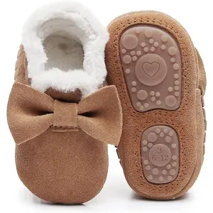 F-SOK25  Baby Moccasins with Fur Fleece Rubber Soles Warm Snow Boots Leather Baby Shoes for Boys Girls…