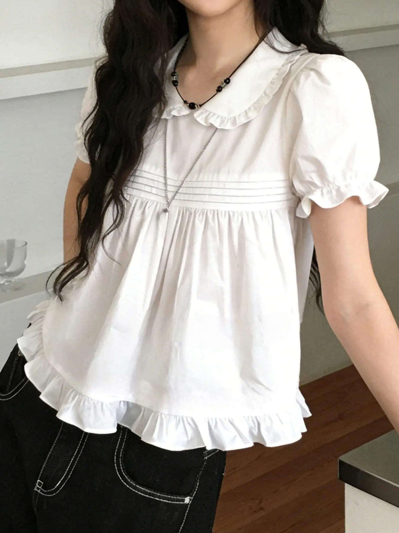 Cute Japanese Style Bubble Sleeves Bohemian Ruffle Baby Doll Shirt, Casual Basic Summer Stringy Selvedge White Blouses, Boho Cottagecore Blouse, White All-match Chic Y2K A-line Clothings Womenswear Lady Top, Babydoll Shirts, Casual Elegant Ruffle Design