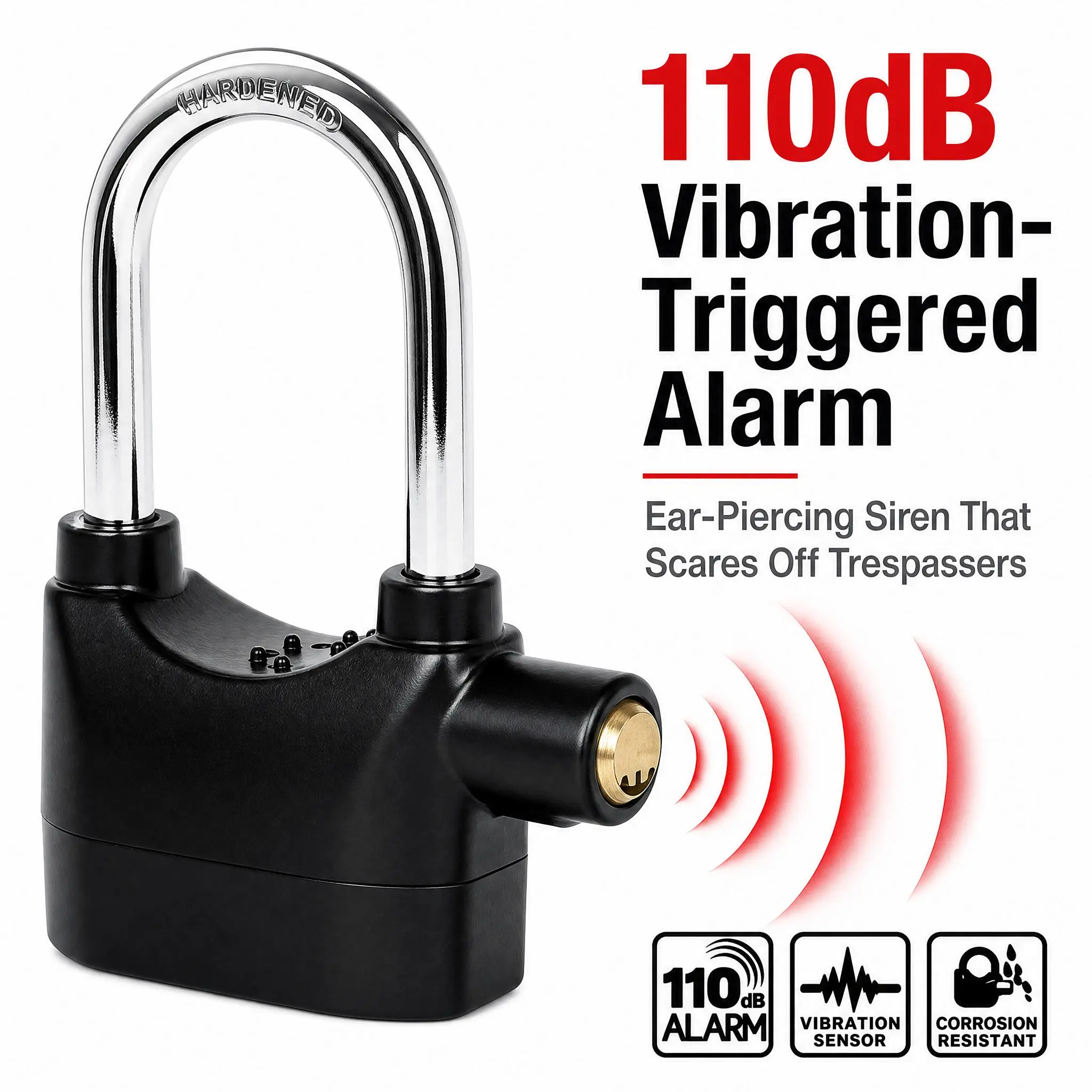 Anti-Theft Alarm Padlock with Lock Hasps, Aluminum alloy material，110dB Loud Siren, Heavy Duty Weatherproof Security Lock, Key/Combination Access, Vibration-Triggered Alarm for Bikes, Gates, Outdoor Use