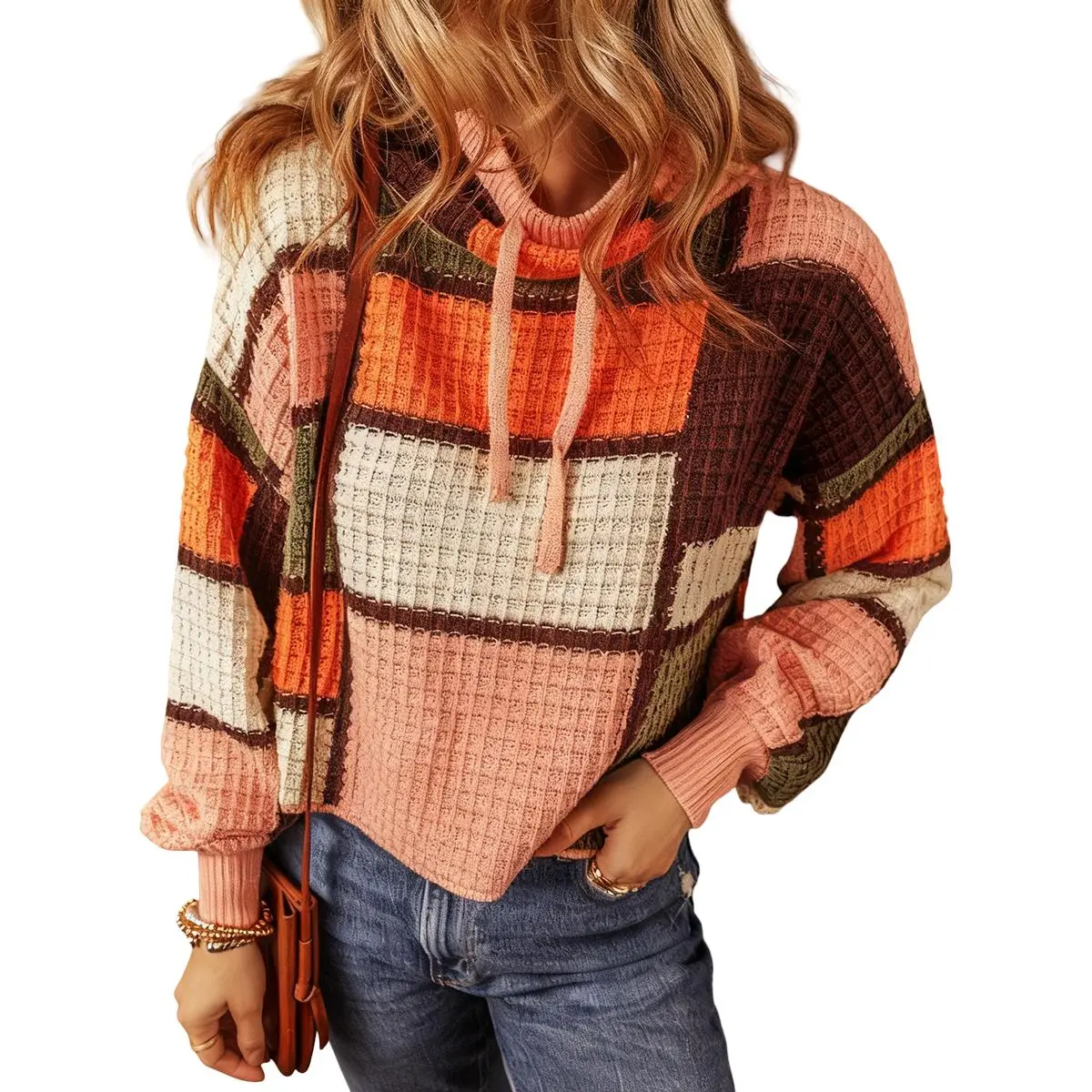 Znacicc Women's Color Block Sweater | Orange Waffle Knit Pullover with Drawstring Mock Neck for WinterOutfits,Casual Stylish Design