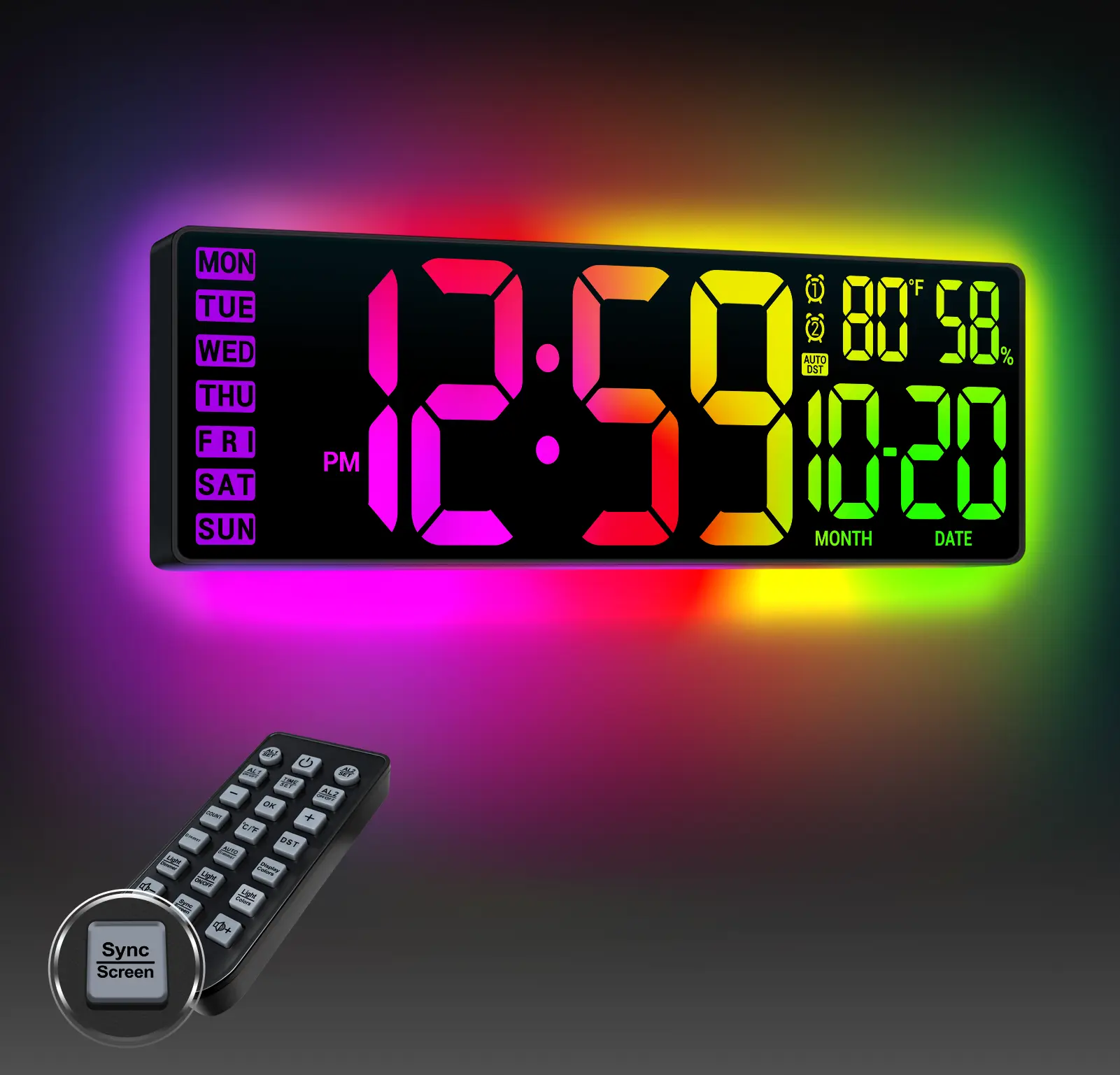 16in Multifunctional RGB Alarm Clock - ABS Digital Wall Clock with Large Display, Countdown Timer, Convenient & Accessible Home Supplies Wall Decor for Living Room, Ideal House Warming Gift, Multifunctional Alarm Clock, Wall Mount
