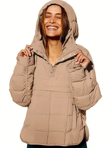 Women's Loose Fit Down Jacket, Quilted Woven Batwing Sleeve Pullover Sweater, Long Sleeve Lightweight Warm Top Coat Outerwear for Fall & Winter