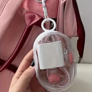 1pc Oval Zippered Plastic Packing Organizer for Apparel - Mini Portable Earbud, Cable and Charger Storage Case with Keychain - Travel Pouch for Accessory Organization Headphone Bag