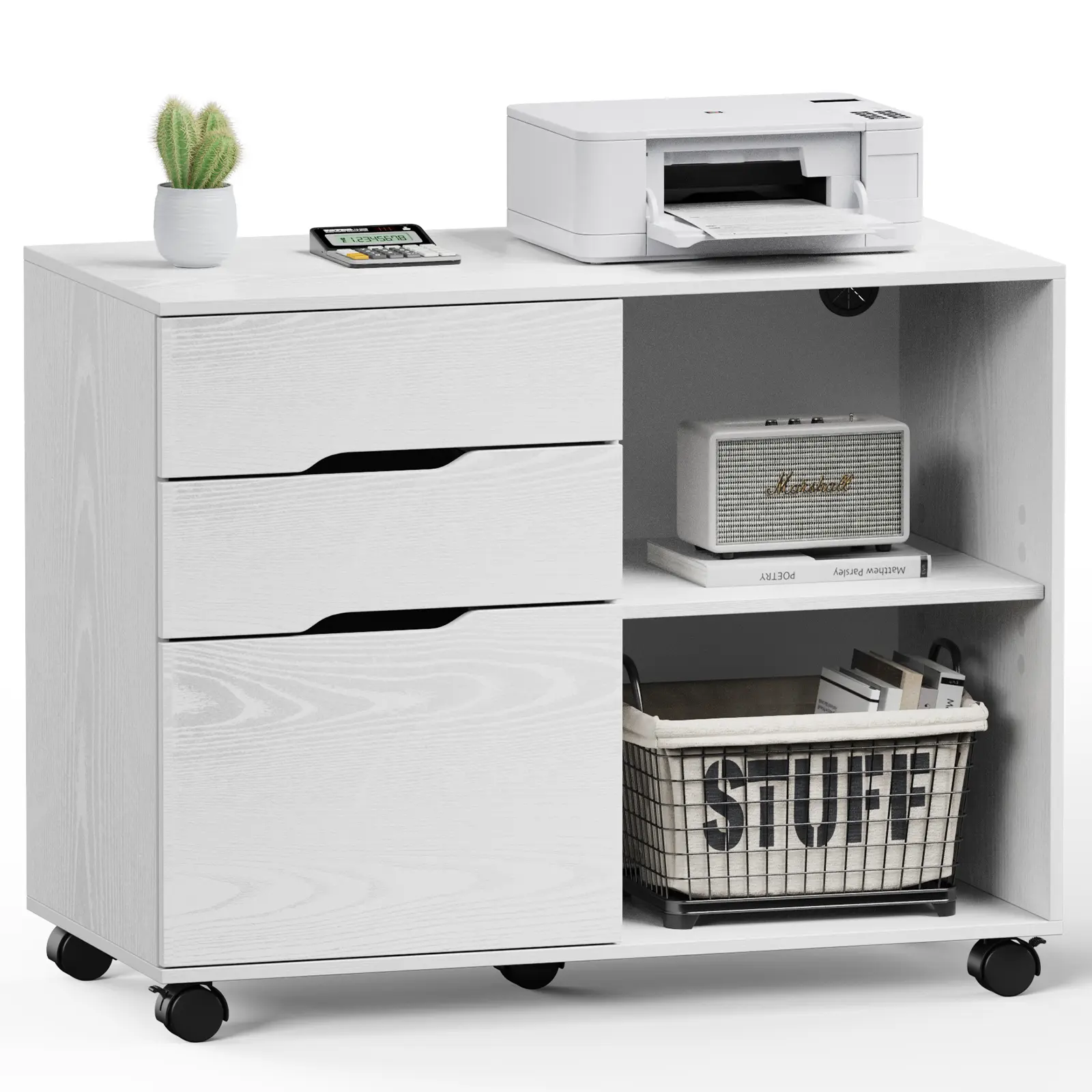 Rollable Wooden Printer Stand With 3 Drawers, Under Desk Storage Cabinet With Shelves For Files & Office Supplies, Home Office Organizer
