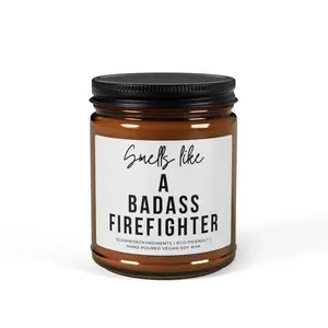 Funny Firefighter 9oz Small Candle "Badass Fire Dept Gift" for Christmas, Coworkers, First Responders - Non-Toxic Amber Jar, Personalizable, 50 Hour Burn Time, 4oz Mini or 9oz, Vegan, ASTM Safety Compliant candles