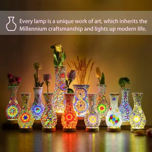 Turkish Mosaic Vase Lamp Handcrafted Glass Table Lamp with Wood Base Moroccan Style Home Lighting Decor USB Powered Energy-Saving LED Beads
