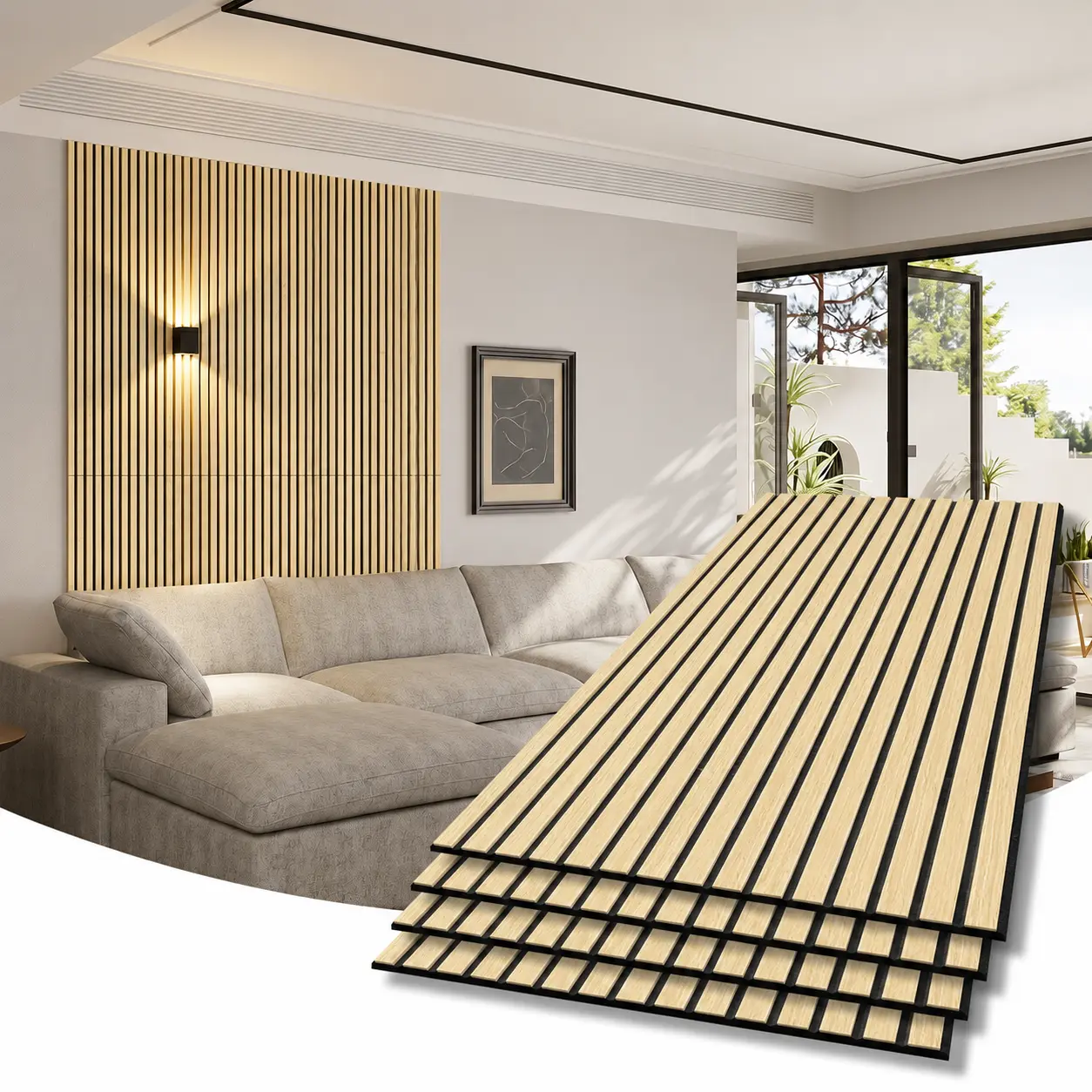 THSTAR Self-Adhesive Oak Wood Veneer V-Groove PET Sound-Absorbent Rectangular Panels, 4 Pack 23.6x47.2", Patterned Wooden Plank 3D Indoor Home Office Wall Decor, Indoor Use