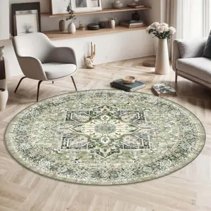Vintage Boho Classic Green Print Round Rug, Cozy and Stylish Home Decor, Indoor/Outdoor Printed Floor Mat, Suitable for Living Room, Bedroom, Dining Room, Balcony, Soft and Durable Machine Washable Carpet, Boho Area Rug