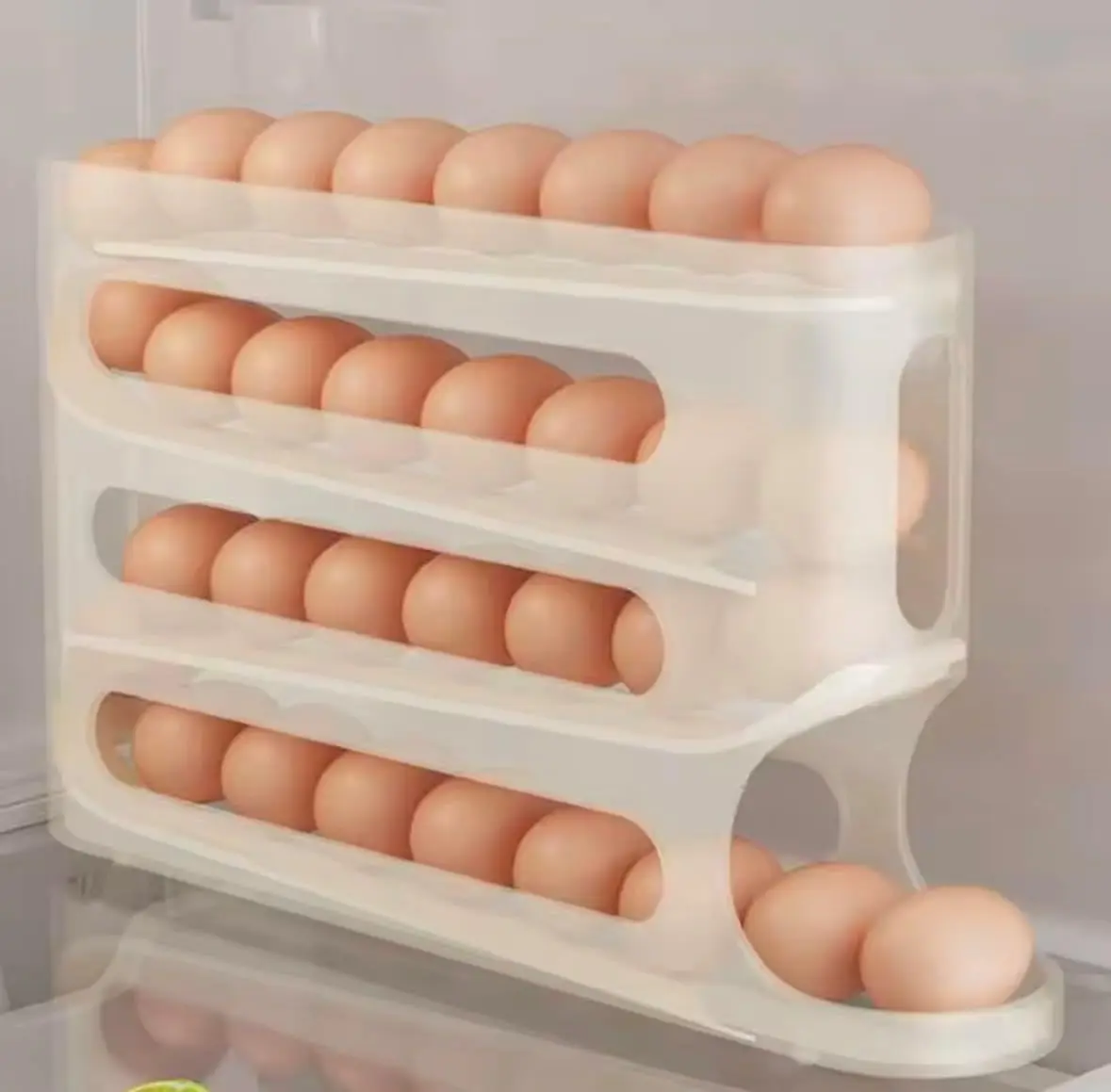 Automatic Rolling Egg Dispenser Organizer for Refrigerator, 4-Tier Space-Saving Egg Holder Tray, Holds 28 Eggs, Durable Plastic Egg Storage Rack for Fridge, Counter, Kitchen Cabinet organizing multi-functional box