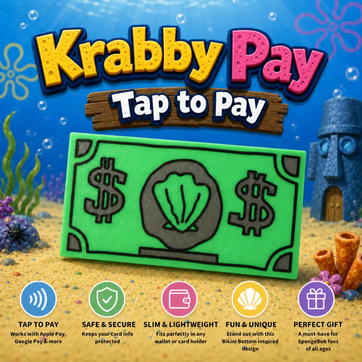 Krabby Cash Tap to Pay Card Holder - 3D Printed Funny Cartoon Money Wallet Cover, Bikini Bottom Inspired Contactless Payment Accessory, Novelty Gift for Sponge Fans"