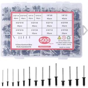 500 count Pop Rivets Assortment Kit,14 Sizes  Rivets,Blind Rivets set,including 3/32" 1/8" 5/32" 3/16",metal Dome  rivets Assortment kit with labels Storage boxes (Black)