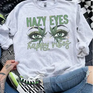 Hazy Eyes Happy Vibes - Ash Grey - Sublimation-  - Unisex Jersey Sweatshirt