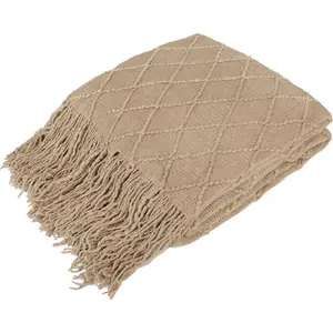 Tan Taupe Knit Throw Blanket For Couch For Bed, Soft Knitted Farmhouse Sofa Throw For Living Room, Lightweight Decorative Fall Throw Blanket For Chair, Outdoor Textured Boho Blanket, 50x60