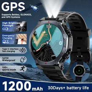 GPS smartwatch with 1200mAh large battery, 1.39-inch round 1ATM waterproof touchscreen, wireless calling, heart rate monitoring, 100+ sports modes, reverse charging, flashlight, weather forecast, alarm clock, pedometer, Android/iOS.