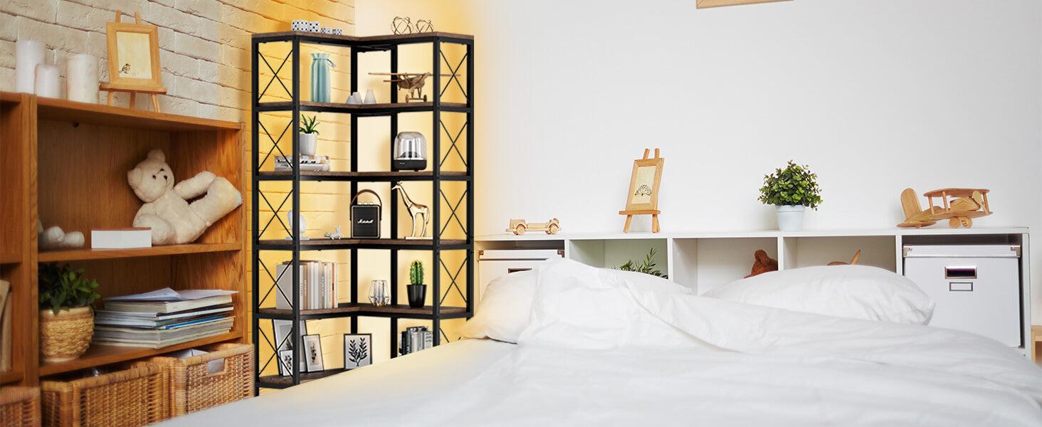 7 Tier Corner Bookshelf with LED Lights, 78.7” High Corner Shelf Storage for Living Room, Study Room, Metal Frame Extra Large Capacity, Flamed Color IF076 7 Tier Corner Bookshelf with LED Lights, 78.7” High Corner Shelf Storage for Living Room, Study Room, Metal Frame Extra Large Capacity, Flamed Color IF076
