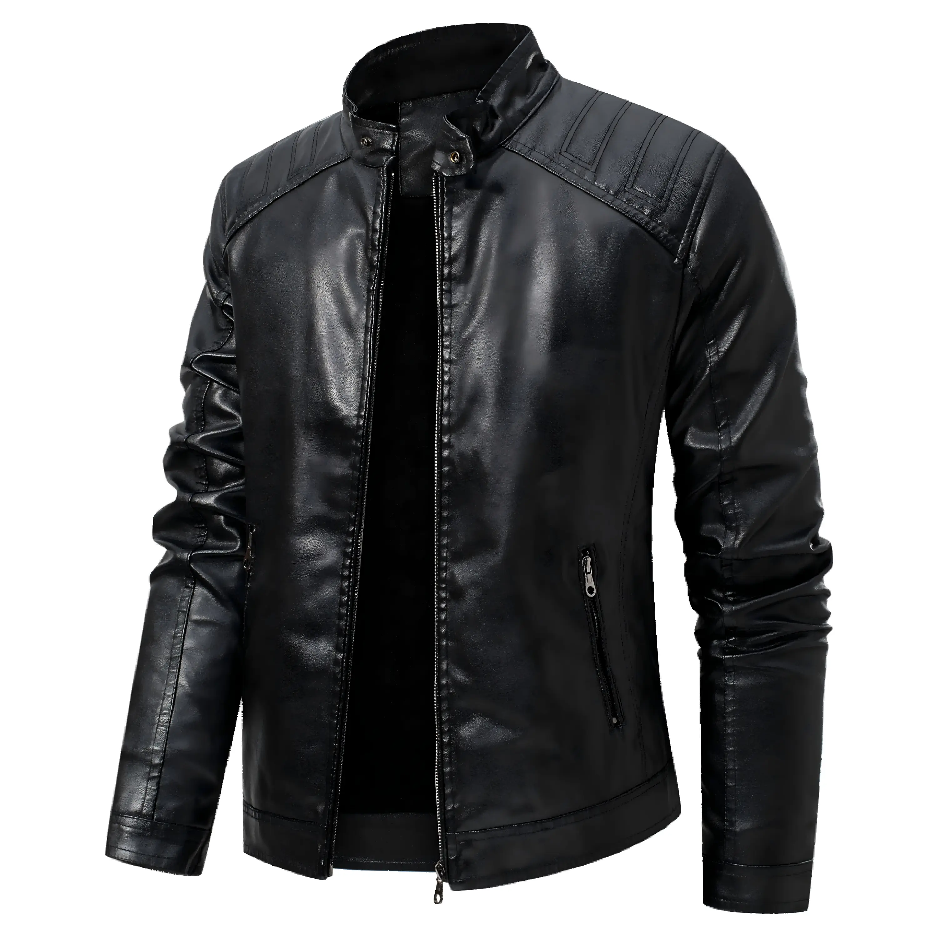 Men’s Stand Collar Leather Jacket Casual Faux Leather Motorcycle Jacket Outerwear Coat with Zipper Pockets Black Long Sleeve
