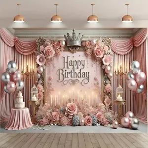 Happy Birthday Background Banner, Crown & Rose & Cake Design Birthday Party Decoration, Theme Party Banner for Birthday Party Decoration, Wall Hanging Backdrop, Ornaments