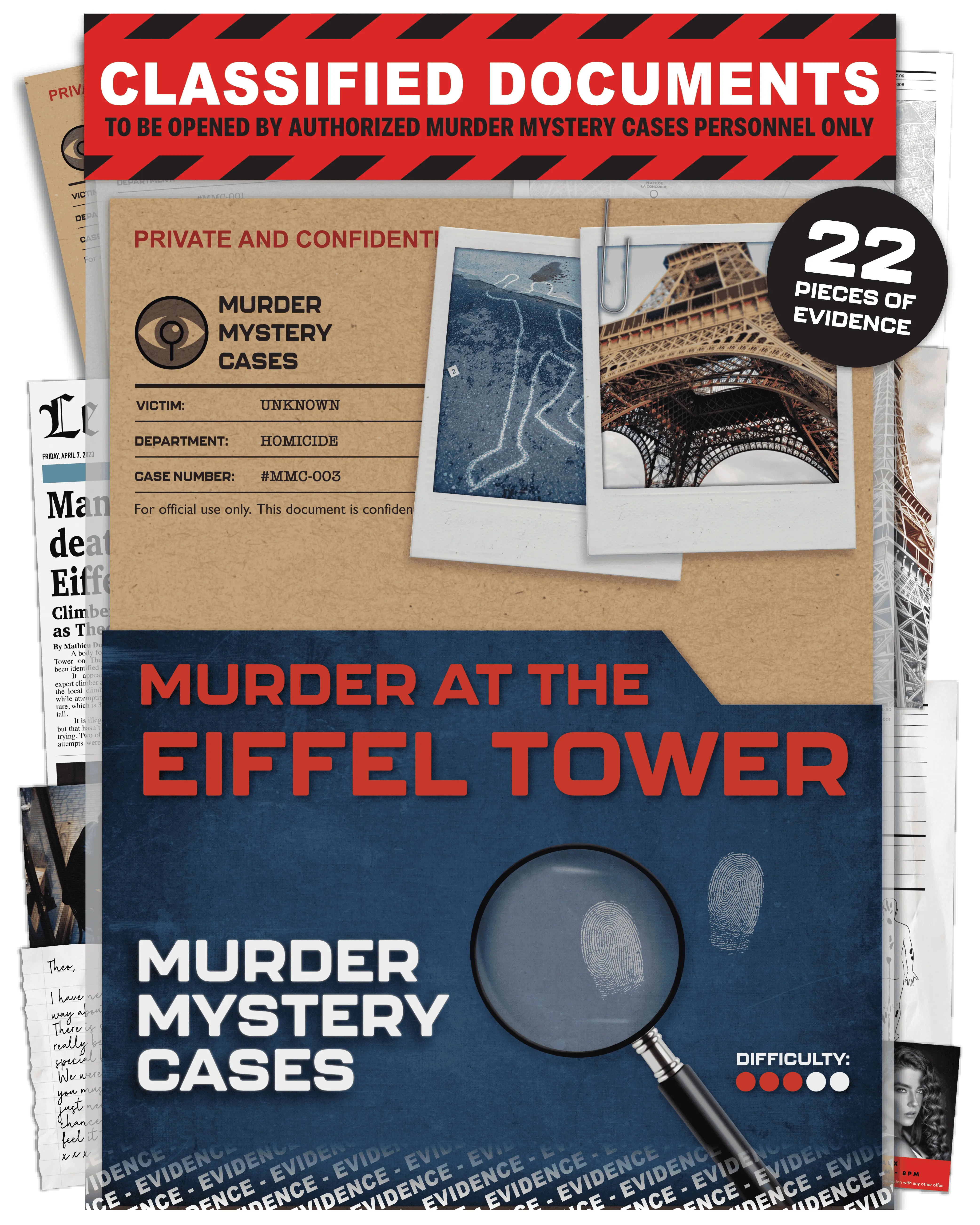Murder Mystery Cases - Murder At The Eiffel Tower - Unsolved Murder Mystery Games for Adults - Escape Room Game w/Intriguing Cold Case Case File - Detective Games, Crime Solving, Mystery Game Fun