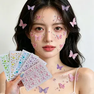 Glue-free self-adhesive colorful butterfly rhinestone face stickers, glitter elf makeup decals, unisex beauty accessories. Suitable for stage shows, concerts, music festivals, Halloween and daily photos, perfect for eye, face and body makeup decoration.