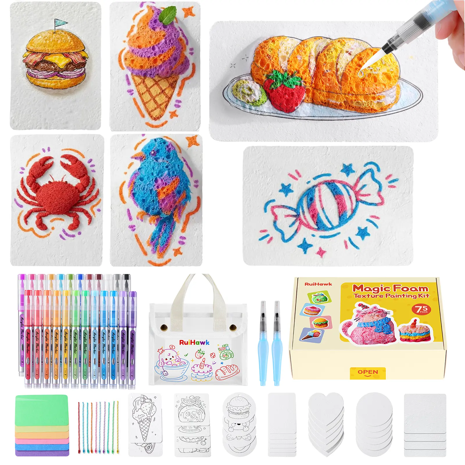 75-Pcs Kids' Magic Foam Art Set, Washable Acrylic Markers, Foam Paper Sheets, Portable Office Art Painting Supply Kit for Safe Mess-Free Creativity