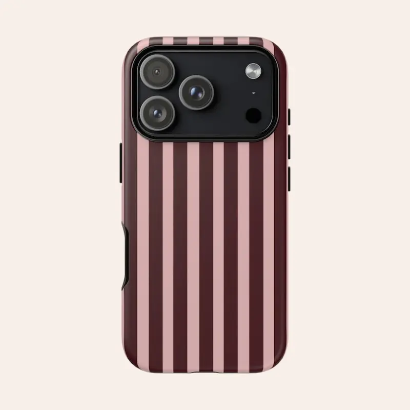 2-in-1 Hard Double Layer Burgundy & Pink Striped Smartphone Case - Sturdy, Shockproof, Shock-Absorbent, Durable, Stylish Protection Accessory Compatible with iPhone 17,16,15,14,13,12,11 Pro Max Pro Plus & Samsung Galaxy S25,S24,S23 Ultra