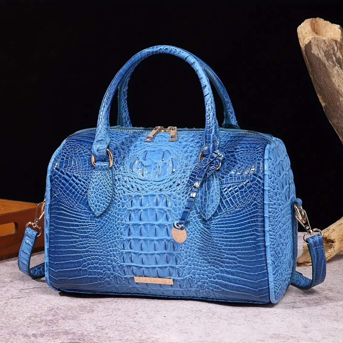 Women's Luxurious Croco Pattern Artificial Leather Boston Bag - Large Capacity, Multifunctional Crossbody/Shoulder Bag, Zip Closure, Oiled Edge Details, Retro Theme, Suitable for Daily Commuting, Work, Artificial Leather Women's Handbags, Stripe