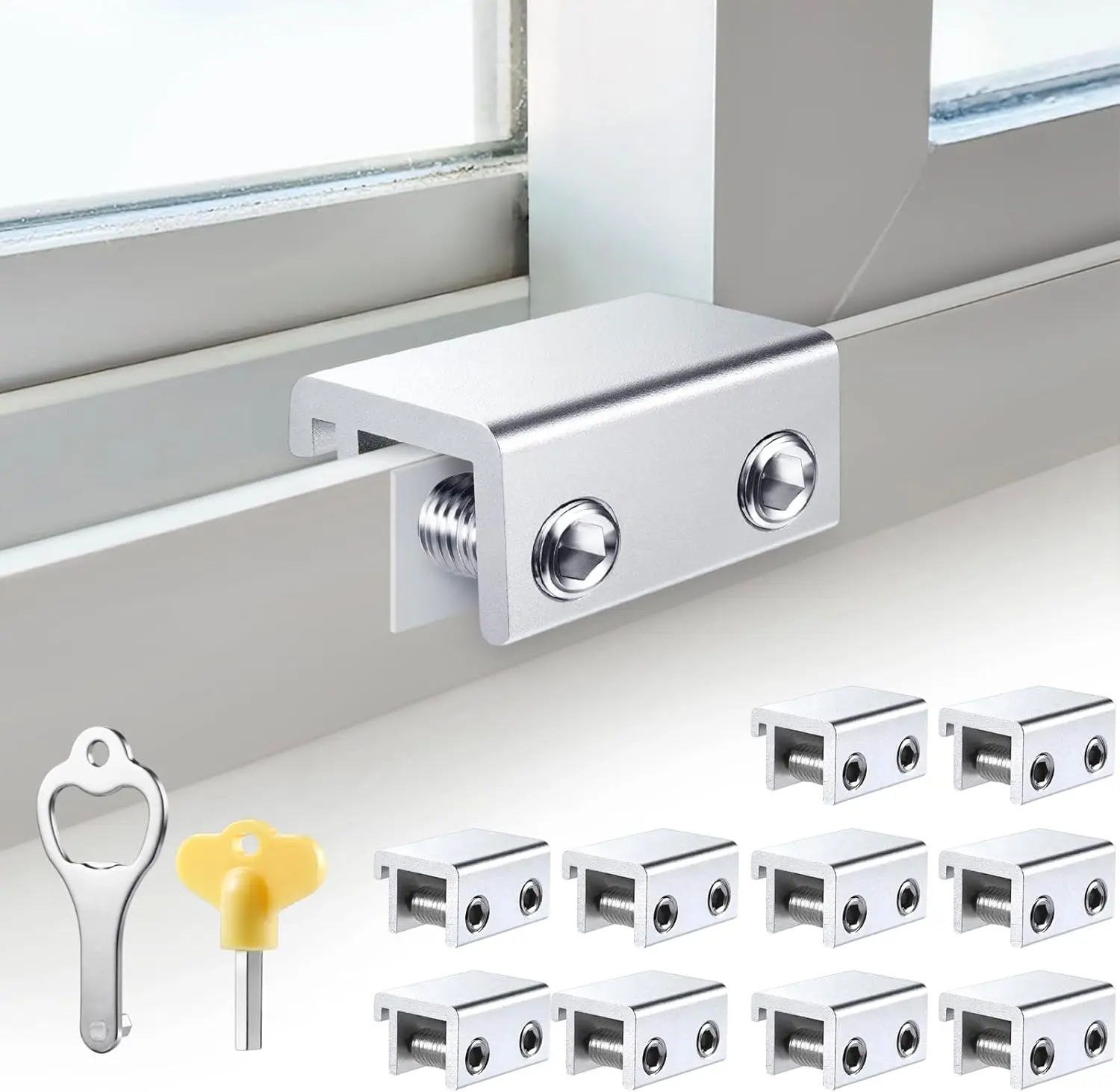 Sliding Window Locks (10 Sets),  Window Locks with , Adjustable Aluminum Sliding Window Stops, Easy Installation Without Drilling, for Vertical and Horizontal Sliding Windows ()