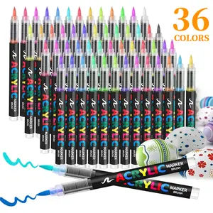 36 Color Soft Brush Tip Acrylic Paint Pens Markers, Fabric Decorating Kits Premium Water-Based Acrylic Paint Markers for Fabric, Rock, Wood, Glass, Eggs, Canvas, Ceramic, Easter Basket Stuffers, Drawing Art Supplies Kit with Direct-Liquid Ink System