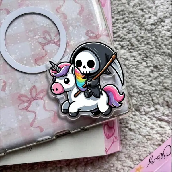 Grim Reaper Riding Unicorn Phone Grip, Aesthetic Rainbow Chibi Death Griptok, Cute Spooky Kawaii Gift magsafe Phone Stand, Pastel Goth Graphic E-Reader Accessory for Kindle