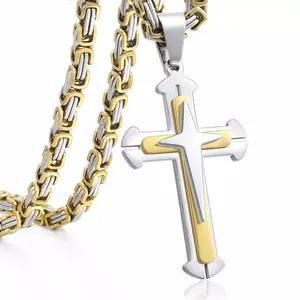 Layered Cross Necklace Stainless Steel Three-layer Three-dimensional Cuban Chain Men's Square Buckle Chain, Multilayer Cross Necklace