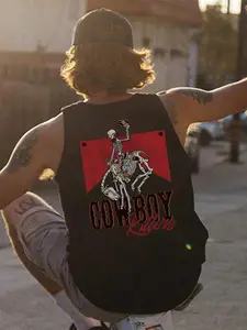 Men's Skull & Cowboy Print Round Neck Graphic Tank Top, Stylish Tank, Loose Casual Fashion Crew Neck Sleeveless Top for Summer, Men's Clothes for Daily Wear, Socks, Halloween
