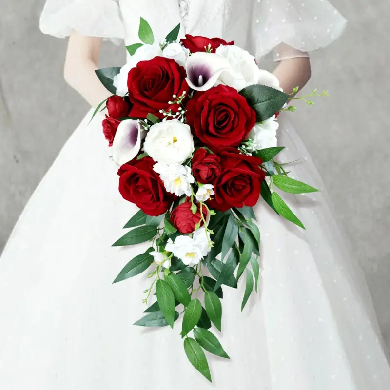 Decorative Faux Silk Flowers White-Burgundy Calla Lily Rose Bouquet - Lifelike Faux Plants Teardrop Floral Arrangement, Home Decor Ornaments for Wedding, Anniversary