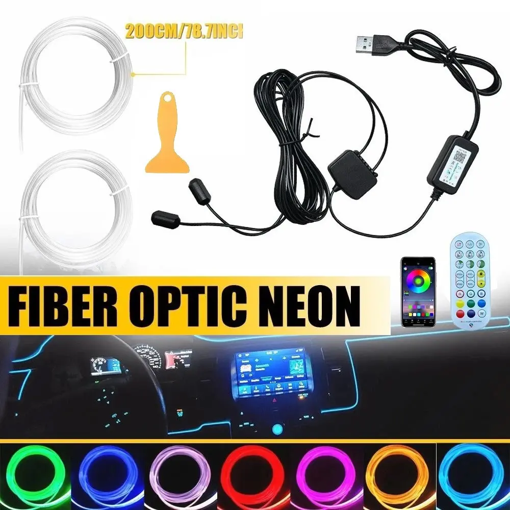 SJPACK Car LED Lights Interior Strip Light Kit - 4m Total Length, App-RF Dual Control, Clip-On Install, Optical Fiber, Music Sync, Adjustable Color Changing for Stylish Decoration, Camping Use, 4 Meters In Total