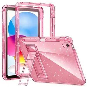 Keruis Glitter Case for iPad a16 11th Gen, iPad 10th Generation Cases, Built-in Pencil Holder, Tablet Protection Cover with Stand, Shockproof Soft Tpu Clear Back Shell, for Kids, Girls, Women, Rose Pink