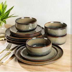 Ceramic Dinnerware Sets for 4, 12 Pieces Handmade Reactive Glaze Plates and Bowls Set, Scratch Resistant Dish Set, Oven & Microwave & Dishwasher Safe