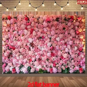 2D Flat Banner, 1pc Pink Romantic Floral Banner Backdrop, Party Decorations Banners Suitable for Wedding, Shower, Birthday, Anniversary, Bridal Party - Elegant Photo Booth Background for Women's Events, Parties, Wedding Arch & Ceremony D
