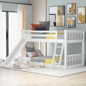 Twin over Twin Bunk Bed with Slide, Low Bunk Bed Frame, Convertible Slide and Ladder
