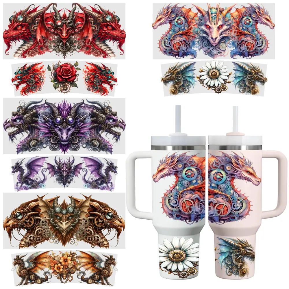 4 Sheets Dragon Mechanical Flower Steampunk Artistic Fantasy UV DTF Stickers for 40oz Tumblers Decorative Vinyl Transfer side  eyes  sticker