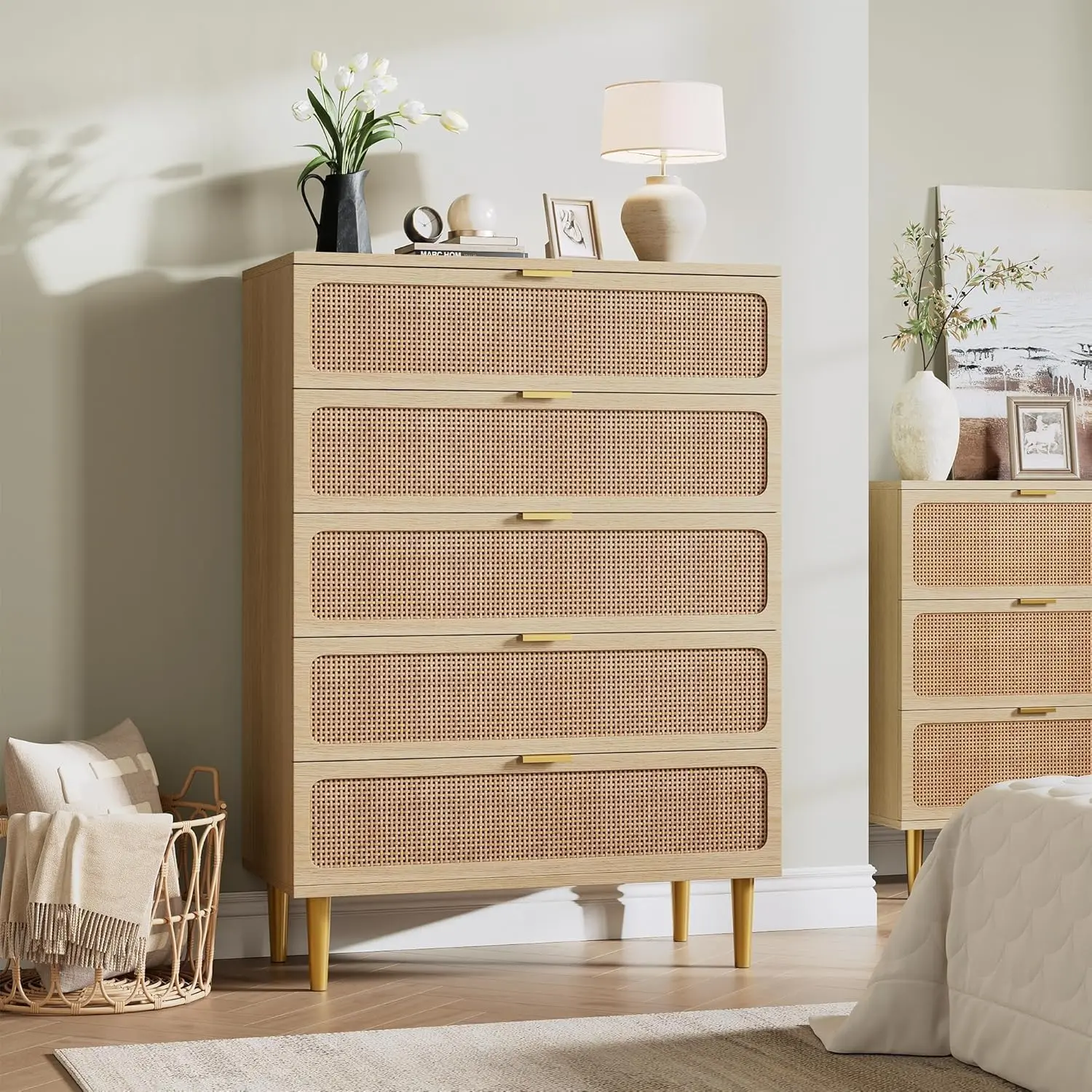 5 Drawer Dresser for Bedroom, Rattan Chest of Drawers with Deep Drawers, Large Modern Double Dresser for Closet with Wide Top, Horizontal Wooden Dresser for Living Room, Hallway, Kids Room