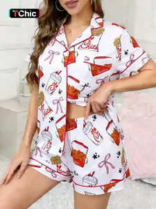 2-Piece Spring/Summer Set: Full-body Bow, Star, Beverage Print Short Sleeve Shorts - Soft Top with Small Pockets, Turned-Down Collar, Elastic Waistband - Suitable for Home, Casual, Everyday Wear, Sleepwear, Pajama