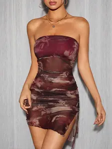 Za Dye Drawstring Side Pleat Mesh Bodycon Sleeveless Dress, Elegant Romantic Dress, Perfect for Festival, Stylish and Comfortable, Ideal for Music Festivals