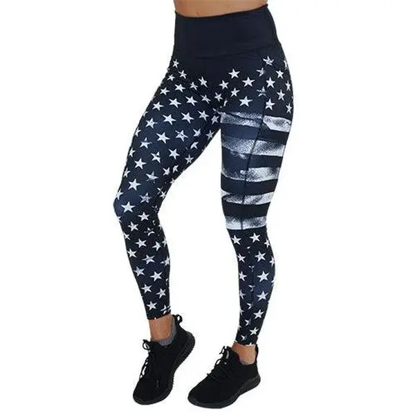 CVG Stars & Stripes Leggings - Womenswear Polyester Spandex with Star Pattern, Comfortable Fit, and Pockets High Waisted Athletic Athletic Running Pants Athleisure Style Bottoms, High Waist Leggings, Athletics Pants