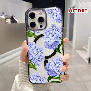 Lavender Hydrangea Charm Pattern Magnetic Phone Case for iPhone 16 15 14 Pro Max 13 12 11 XR XS E Plus Shockproof Lightweight Transparent Protective Soft Cover Supports Wireless Charging