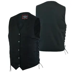 HL21614BLACK DENIM Men's Classic Denim Vest Black Motorcycle Easy Biker Patch Sewing, Side Lacing Western Cut vest Lace Embroidery