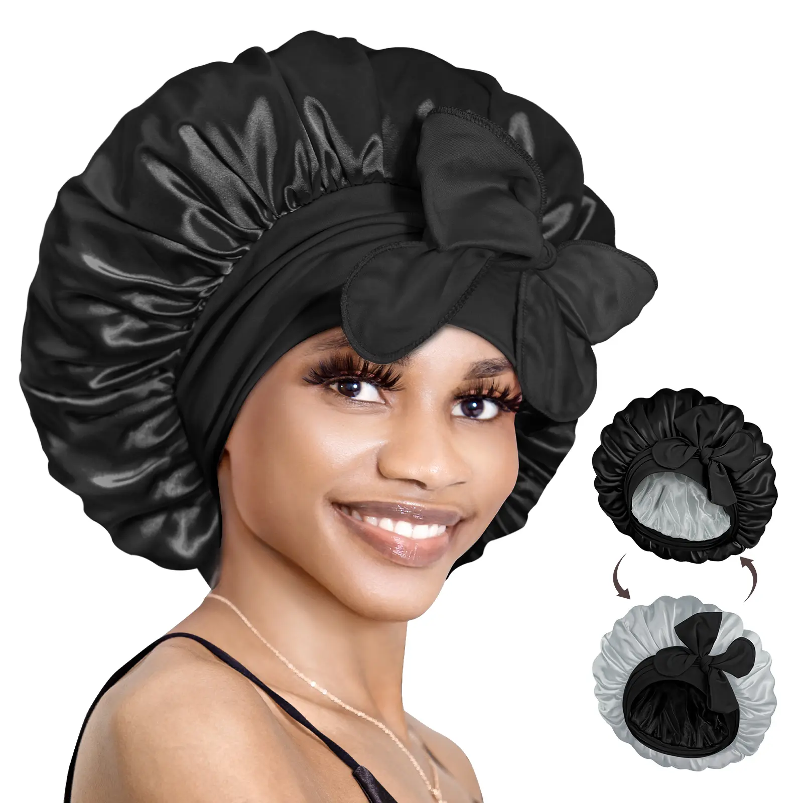 BONNET QUEEN Double-Layered Heatless Satin Bonnet Hat - Satin Hair Care Cap with Elastic Band, Ideal for Sleeping & Shower, Women's Black & Silver Accessory (bn007-black&silver-m), Satin Bonnet Hats