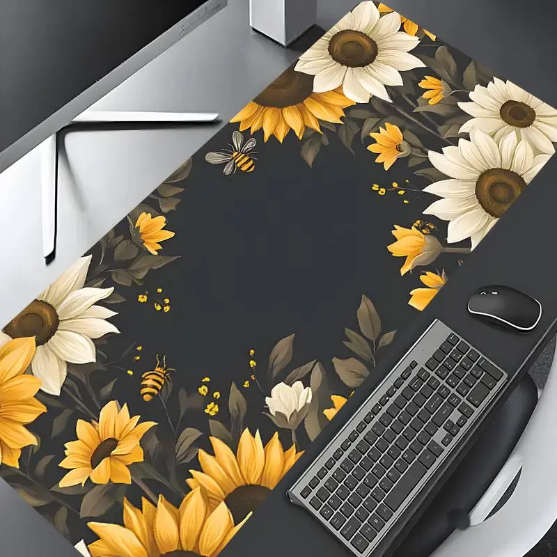 Sunflower & Bee Pattern Mouse Pad, Rectangle Gaming Mouse Pad, Non-slip Rubber Pad, Desktop Decoration Protective Pad for Home, Office, Game Room, Desktop Accessory, Desk Accessories, Desk Gadgets, Office Desk Supplies
